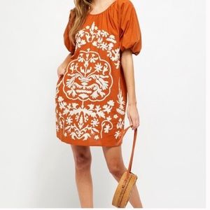 Free People Fiona Mini Dress Small Orange Cotton Mod 60s Embroidered Puff Sleeve